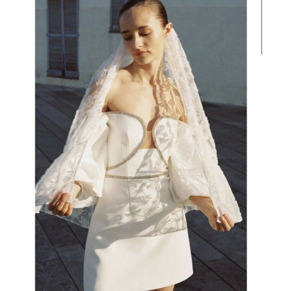 self-portrait White Bonded Crepe Puff Sleeve Mini Dress - Picture 1 of 9